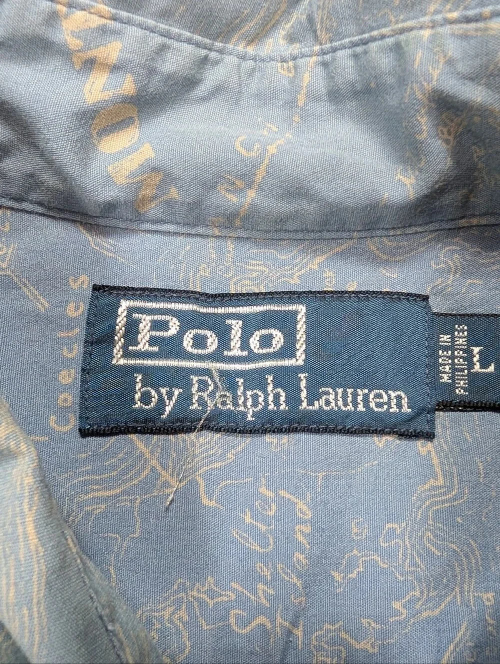 Polo Ralph Lauren Shirt Mens L Blue Montauk Map Print Button Up Casual Travel